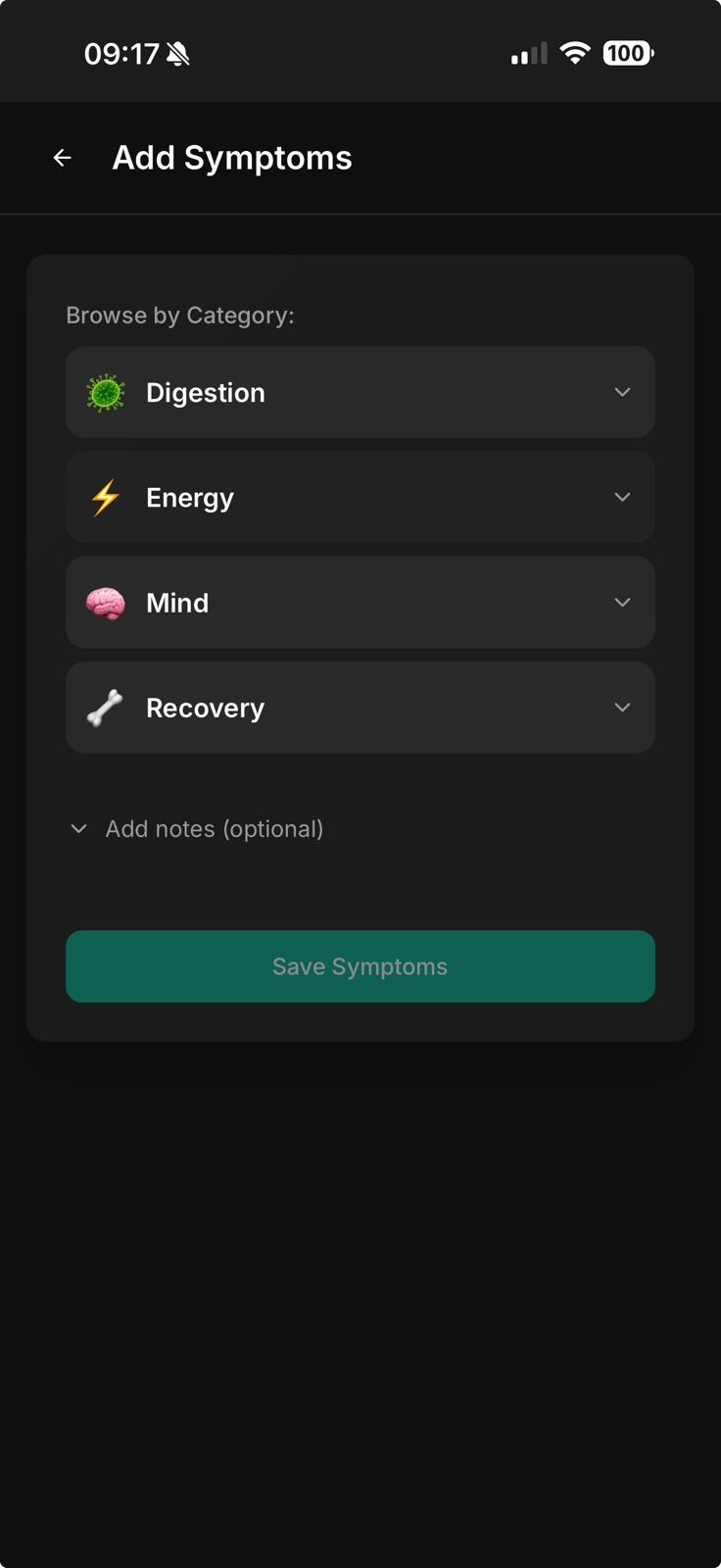 Track symptoms interface